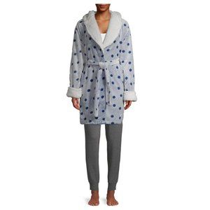 GUC~Chic Nite Women's 3/4 Length Plush Hooded Robe w/ Sherpa Trim Collar & Cuffs